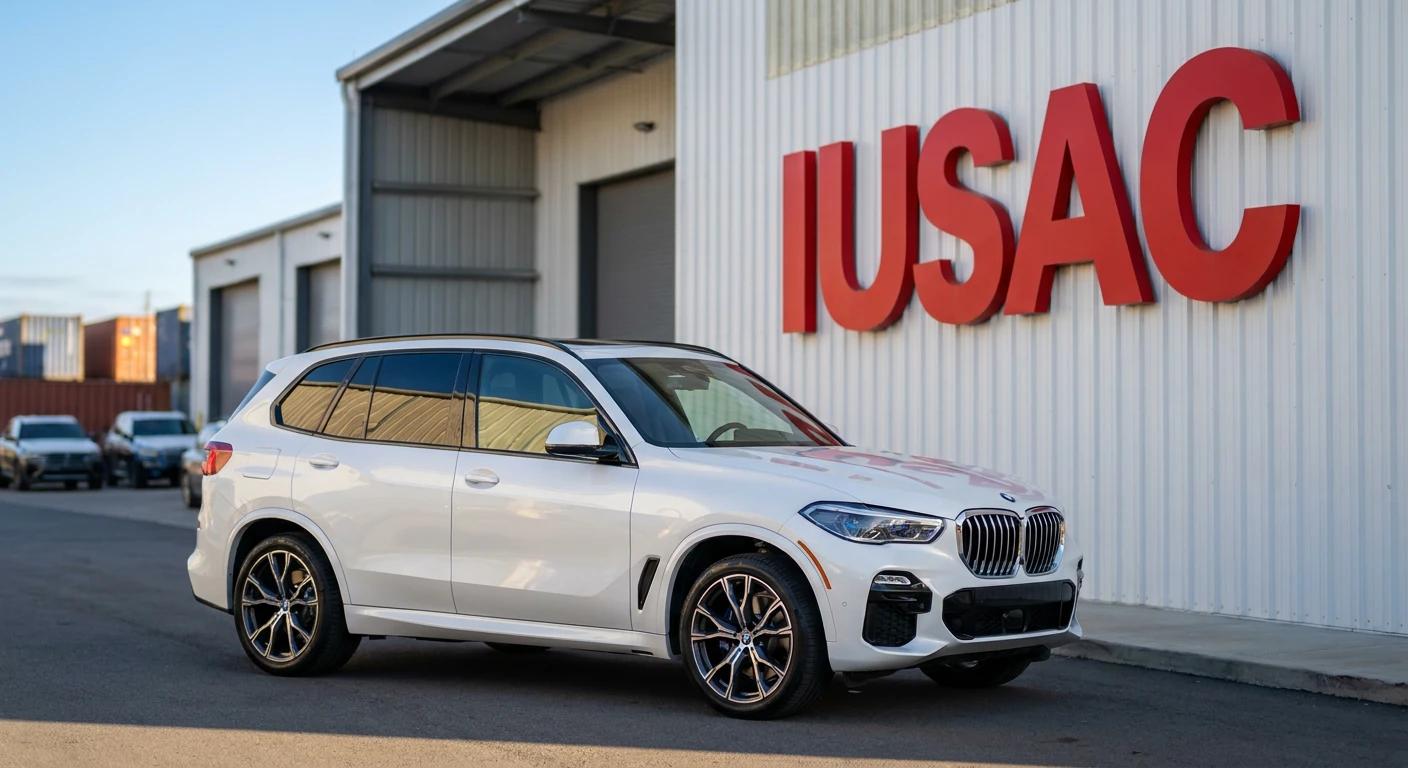 Białe BMW X5 G05 z 2024 roku przed centrum logistycznym IUSAC gotowe do transportu z USA