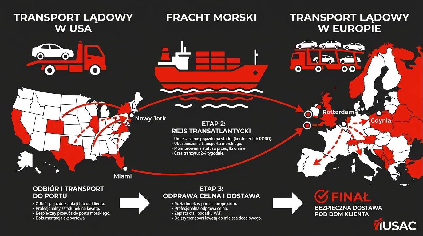 Infografika przedstawiająca kalkulator transportu auta z USA i etapy logistyczne w 2026 roku