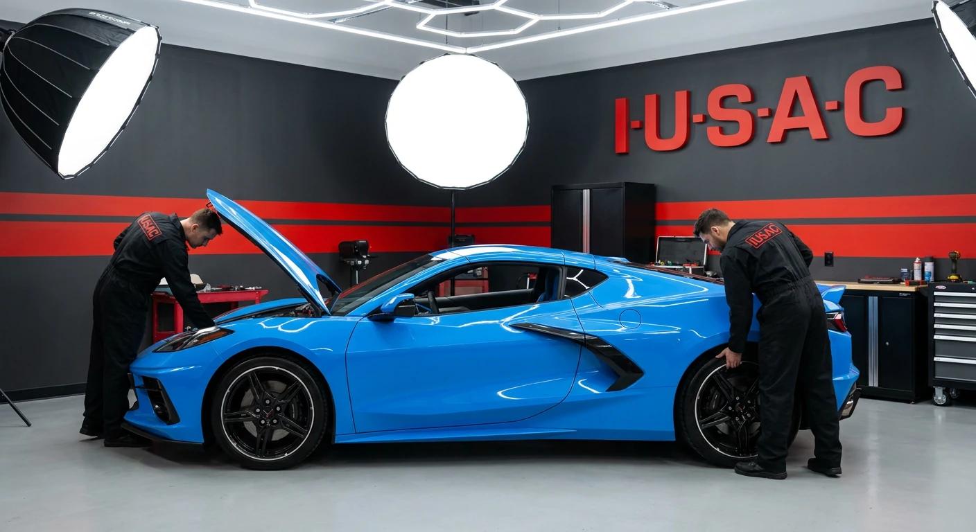 Niebieski Chevrolet Corvette C8 z 2023 roku poddawany inspekcji przez techników w warsztacie IUSAC