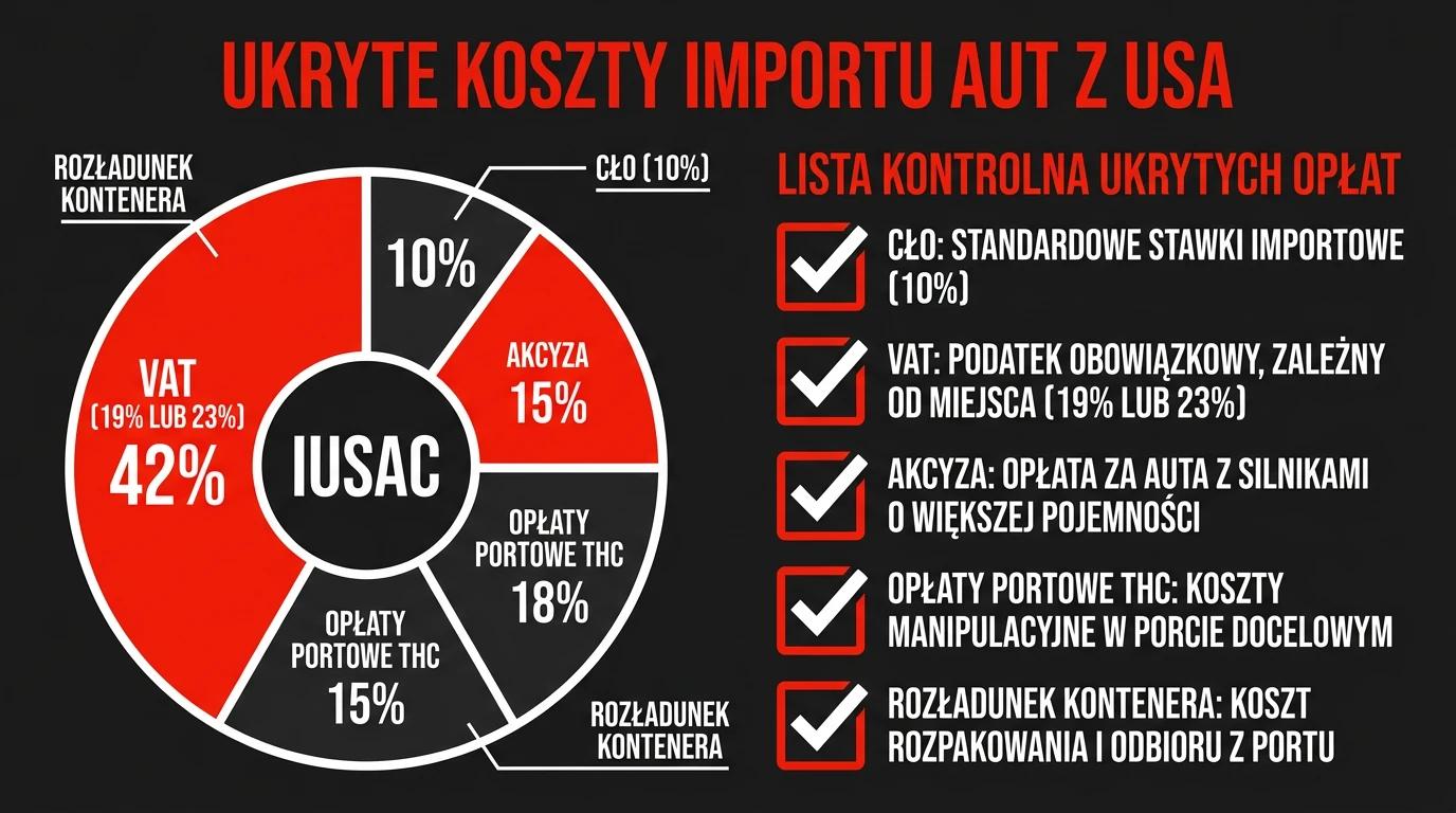 Wykres ukrytych opłat importowych z USA obejmujący cło, VAT, akcyzę i opłaty portowe THC