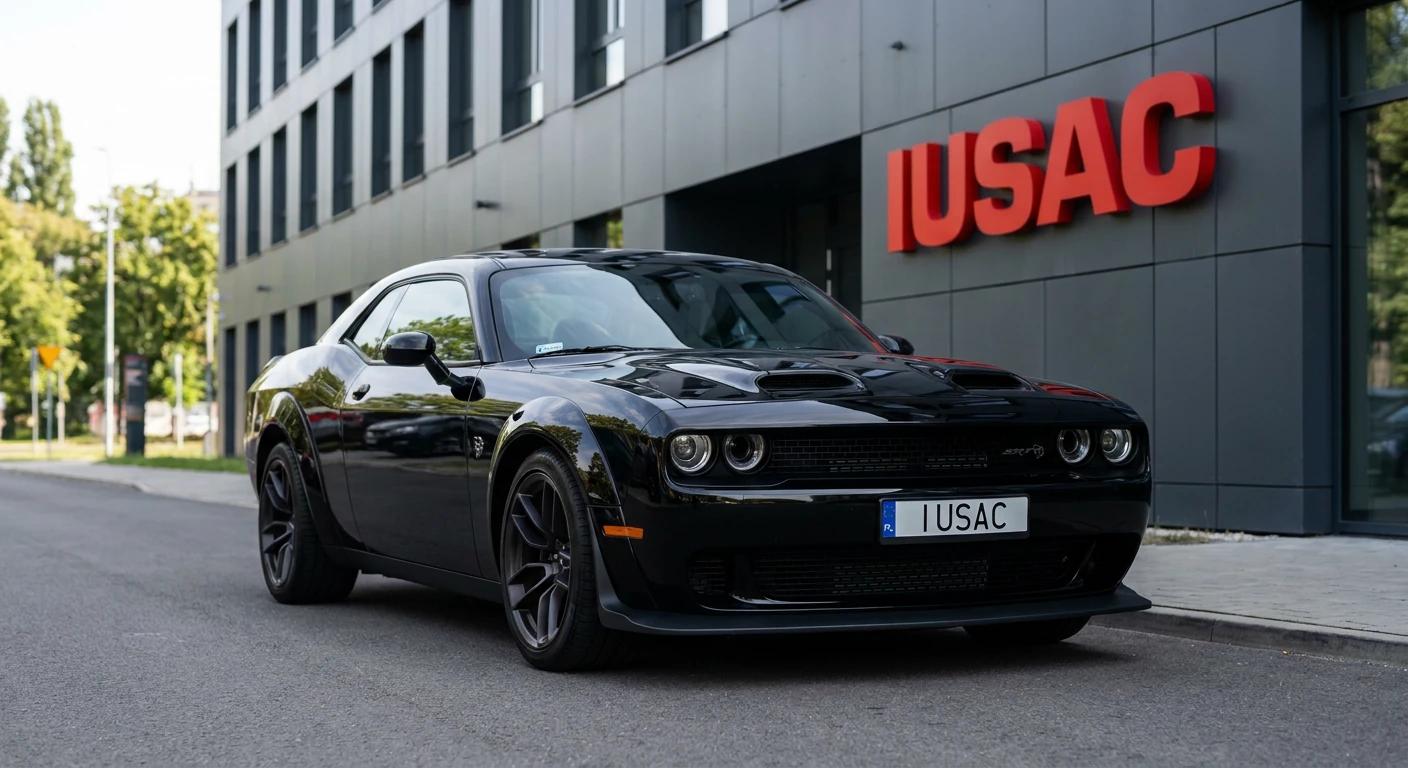 Czarny Dodge Challenger SRT z 2024 roku z polską tablicą rejestracyjną przed biurem IUSAC
