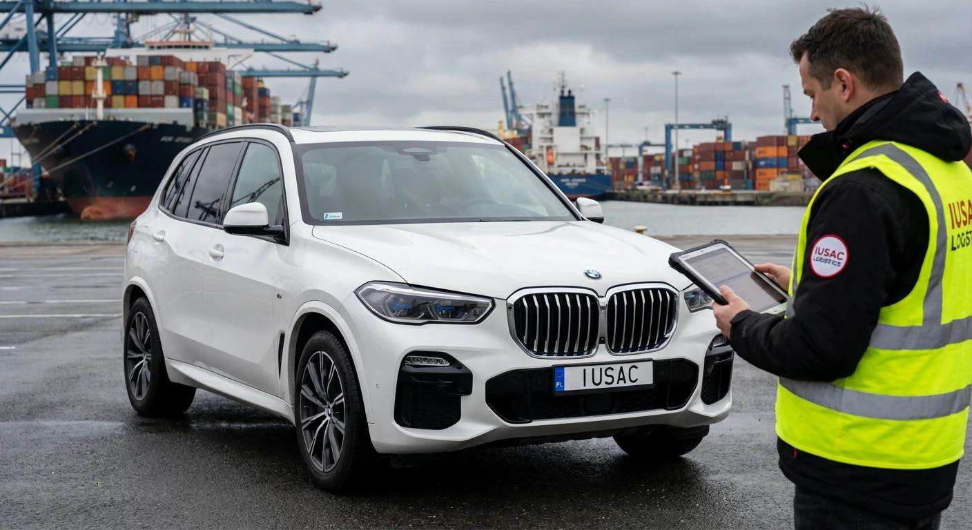 Inspektor IUSAC sprawdzający BMW X5 w porcie w Rotterdamie podczas odprawy celnej aut z USA.