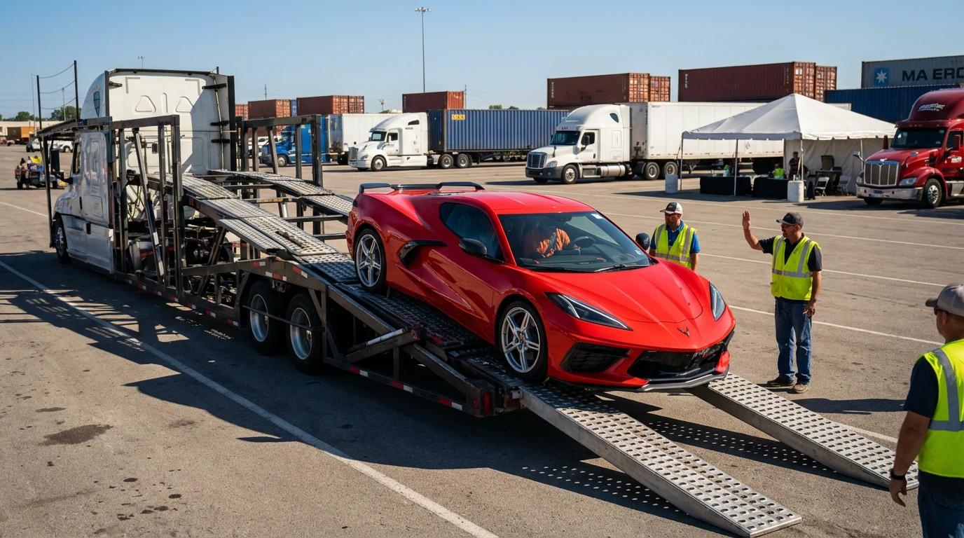 Transport auta z Ameryki - Chevrolet Corvette C8 ładowany na lawetę w USA.