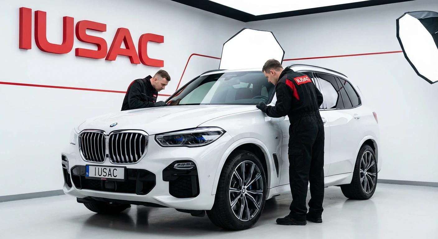Technicy IUSAC naprawiający BMW X5 - ostatni etap określający ile trwa sprowadzenie auta z USA.