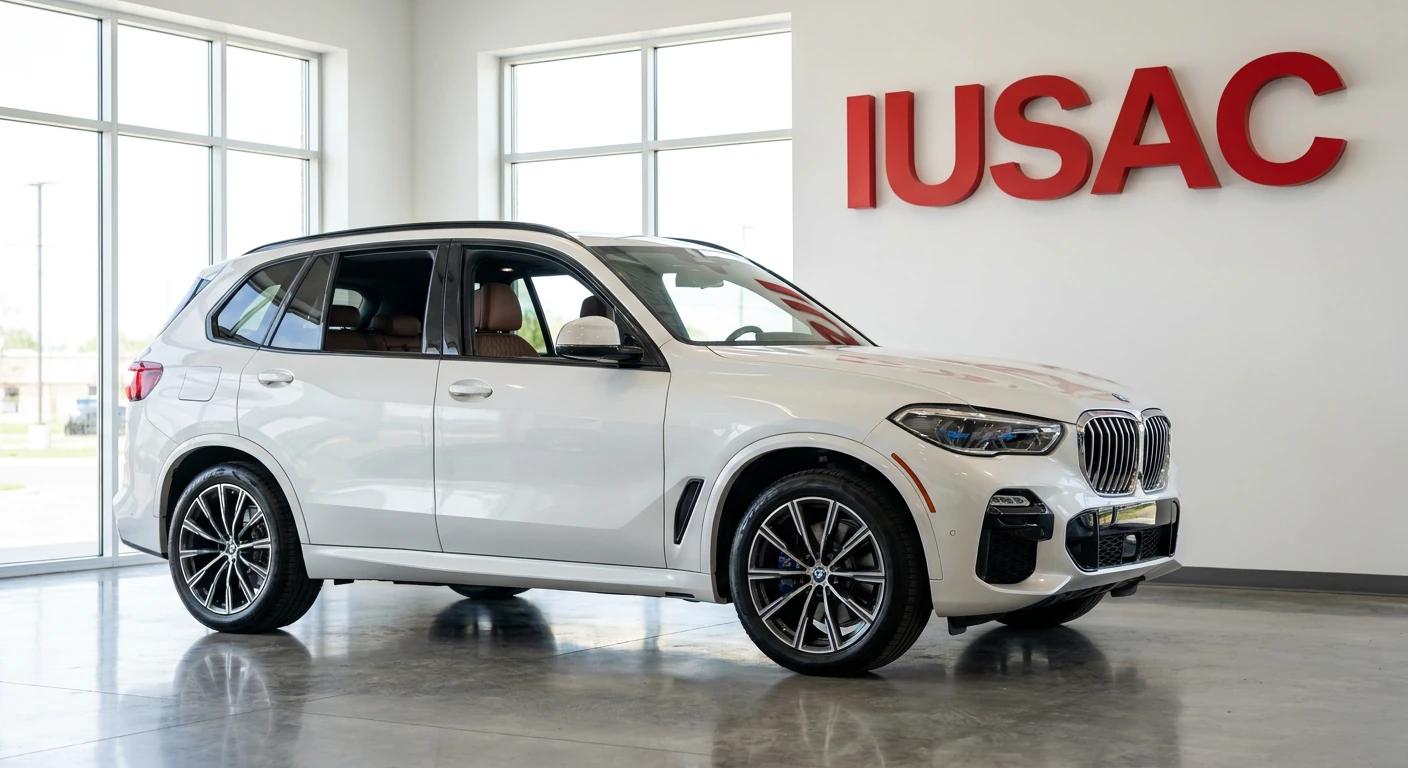 Białe BMW X5 G05 M Sport w nowoczesnym salonie IUSAC gotowe do wydania klientowi z Konina