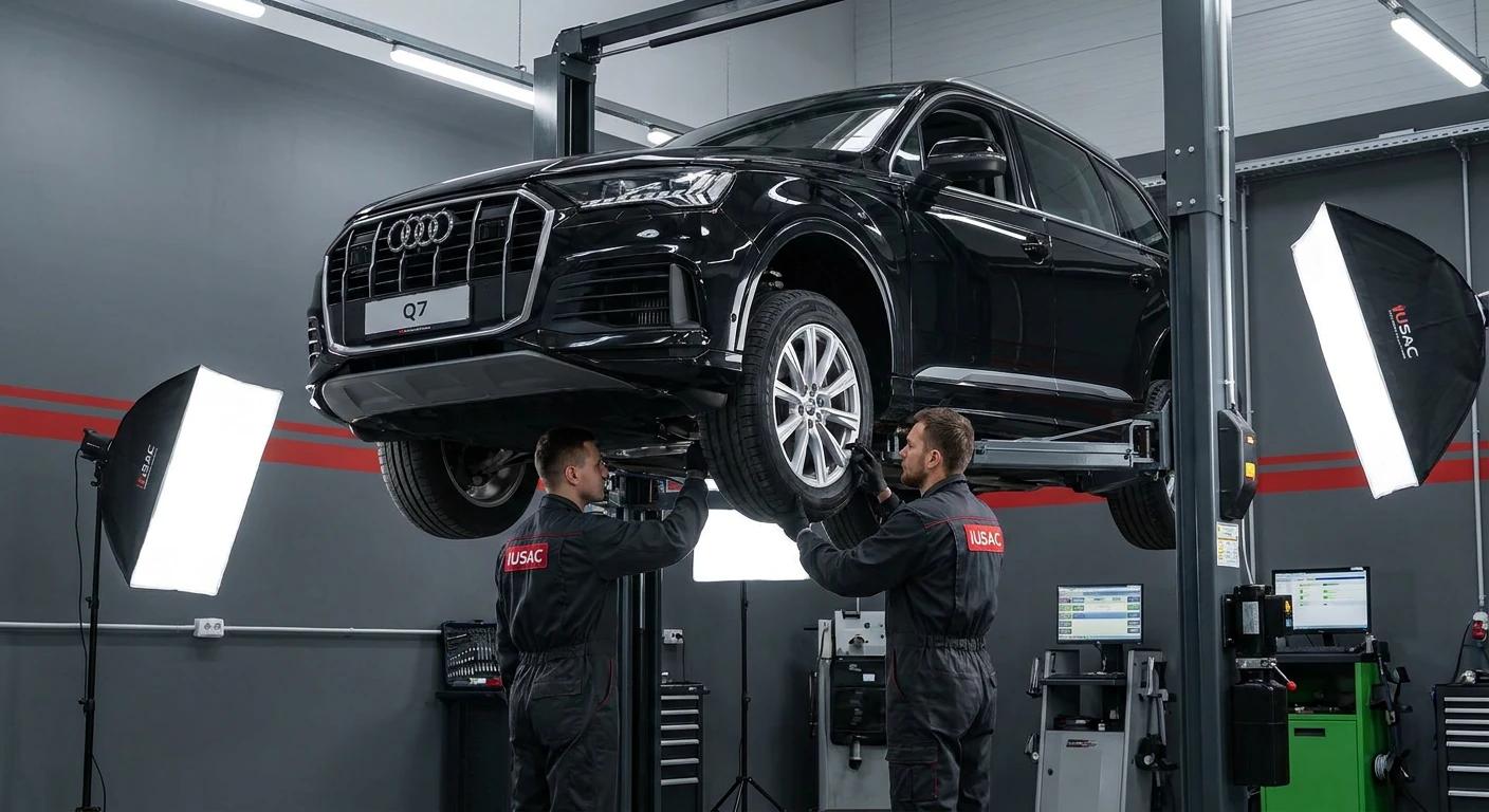 Mechanicy IUSAC przeprowadzający naprawę powypadkową i homologację czarnego Audi Q7 z USA