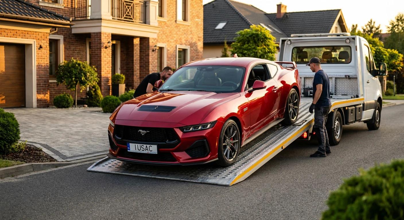 Czerwony Ford Mustang z USA dostarczany pod dom klienta w Koninie na autolawecie IUSAC