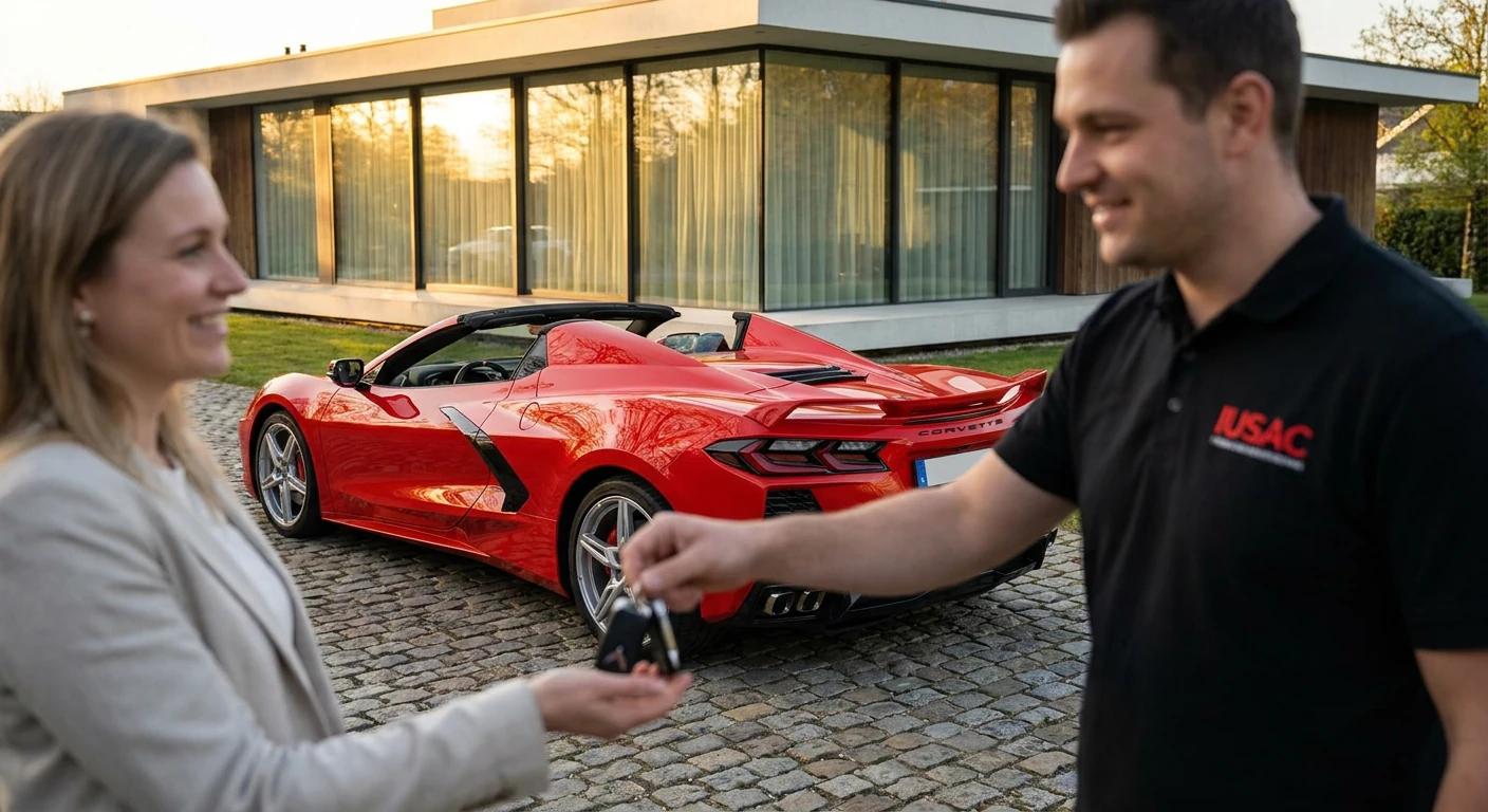 Przedstawiciel IUSAC przekazujący kluczyki do sportowego Chevroleta Corvette klientowi z Wielkopolski