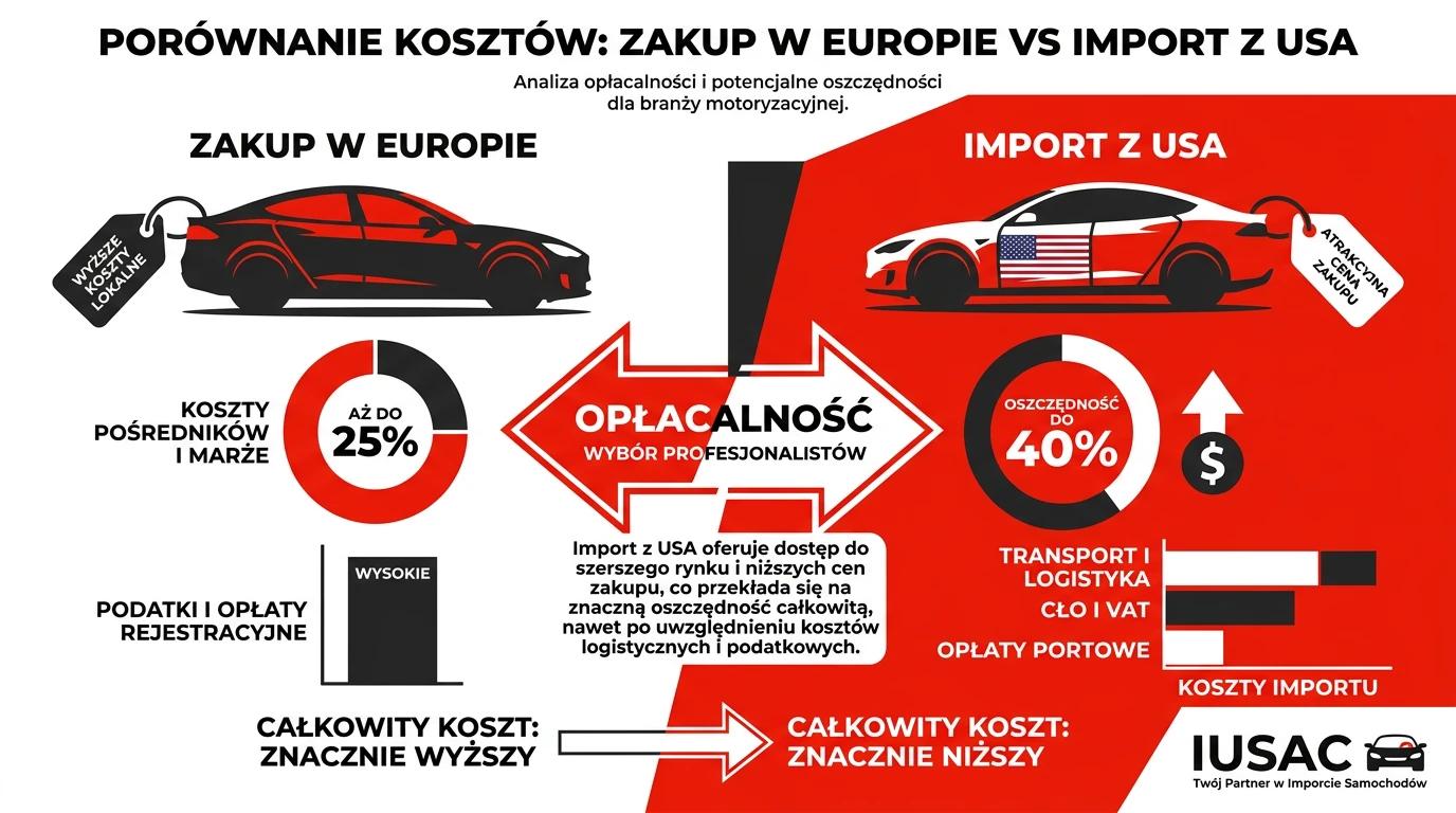 Infografika przedstawiająca koszty i oszczędności przy imporcie aut z USA do Lublina