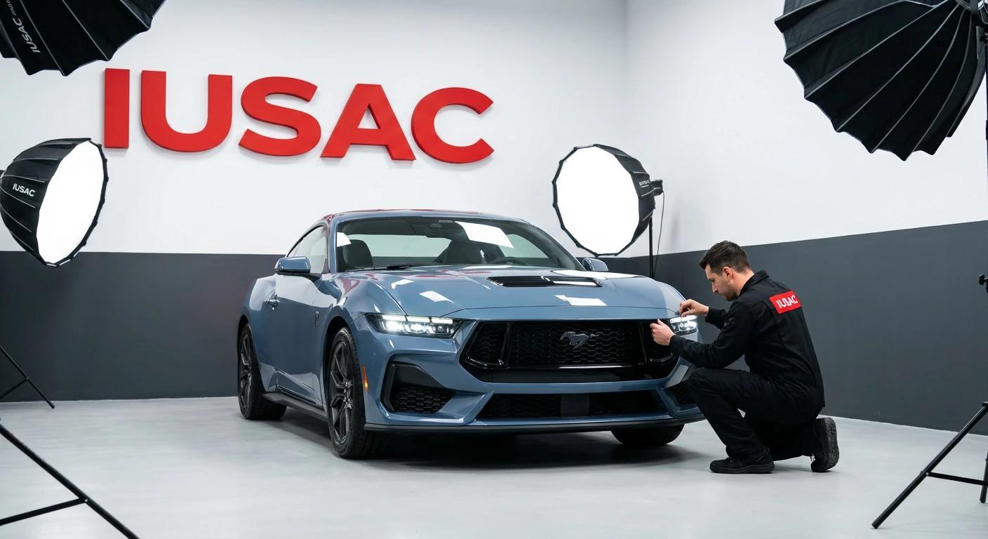 Mechanik IUSAC wykonujący homologację lamp w Fordzie Mustang w profesjonalnym serwisie