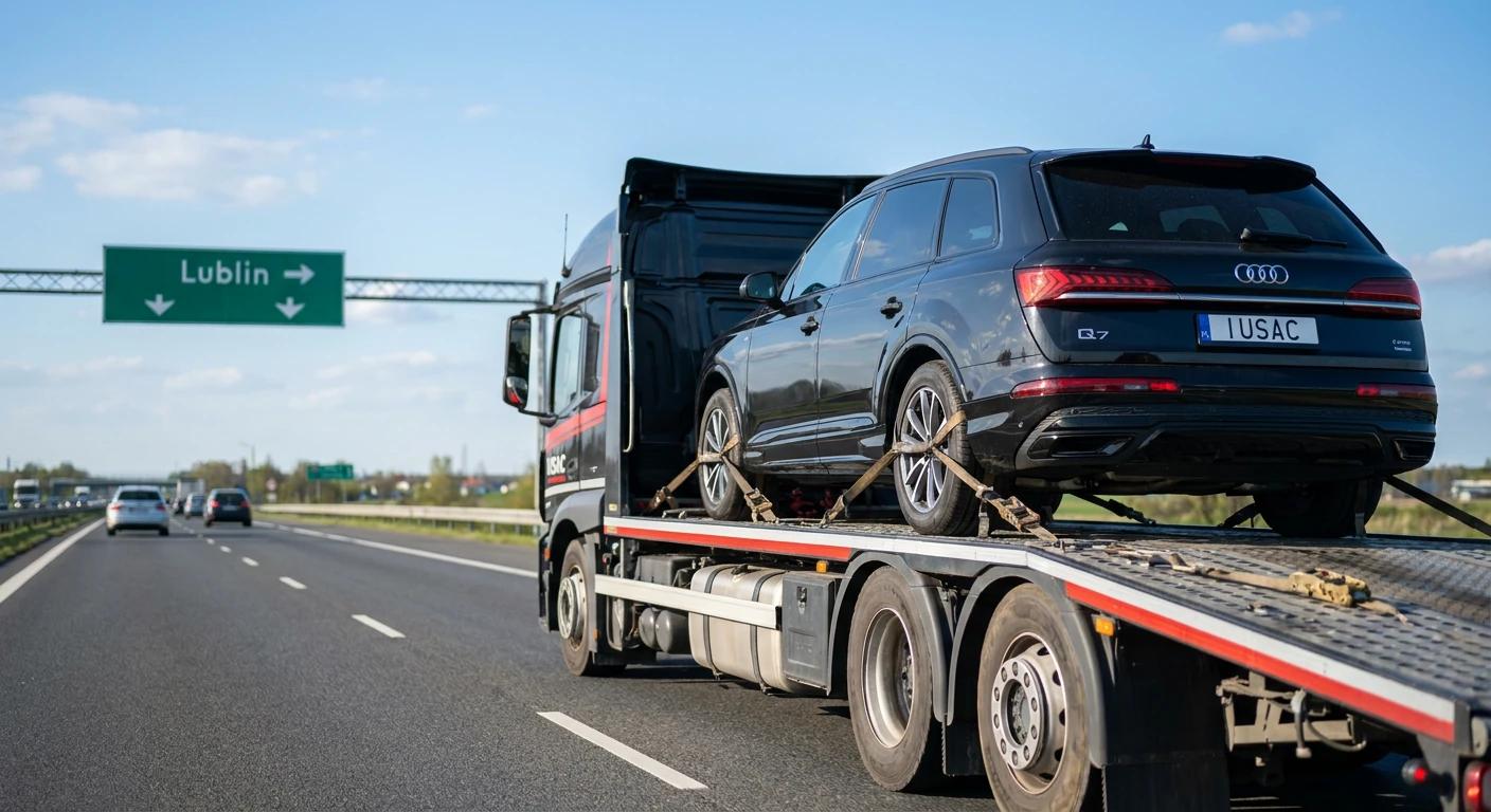 Transport luksusowego Audi Q7 z USA na nowoczesnej lawecie IUSAC w drodze do Lublina