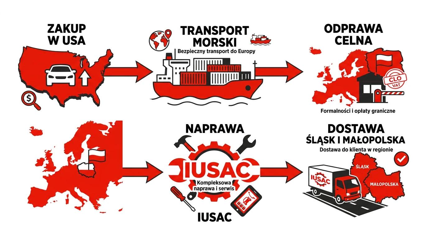 Infografika przedstawiająca proces importu aut z USA i dostawy door-to-door przez IUSAC