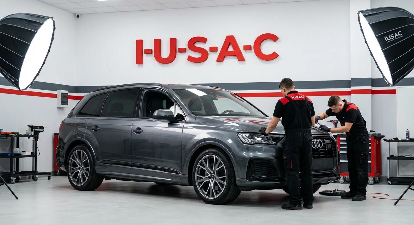 Mechanicy IUSAC przeprowadzający homologację i naprawę Audi Q7 z USA w nowoczesnym warsztacie