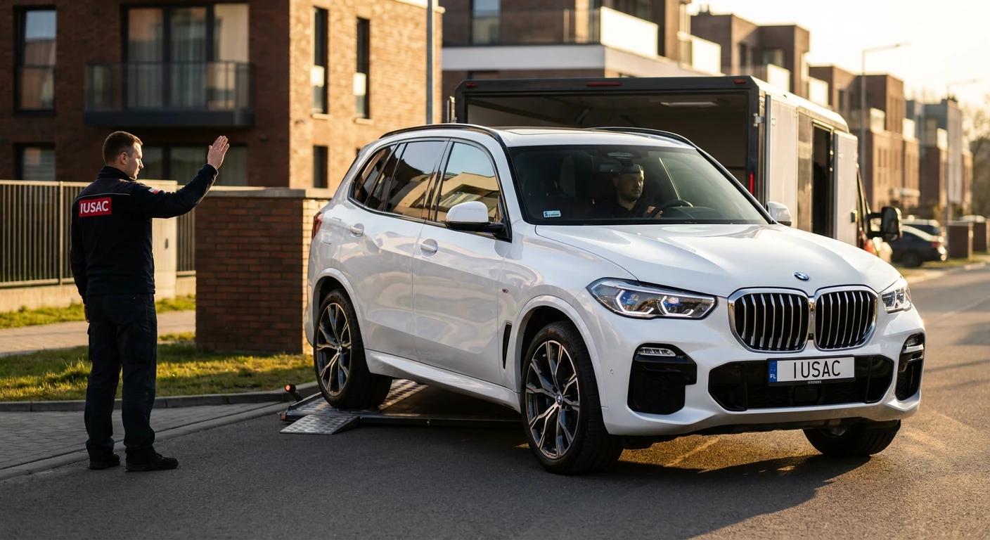 Rozładunek BMW X5 z USA na lawecie w Szczecinie przez specjalistę IUSAC