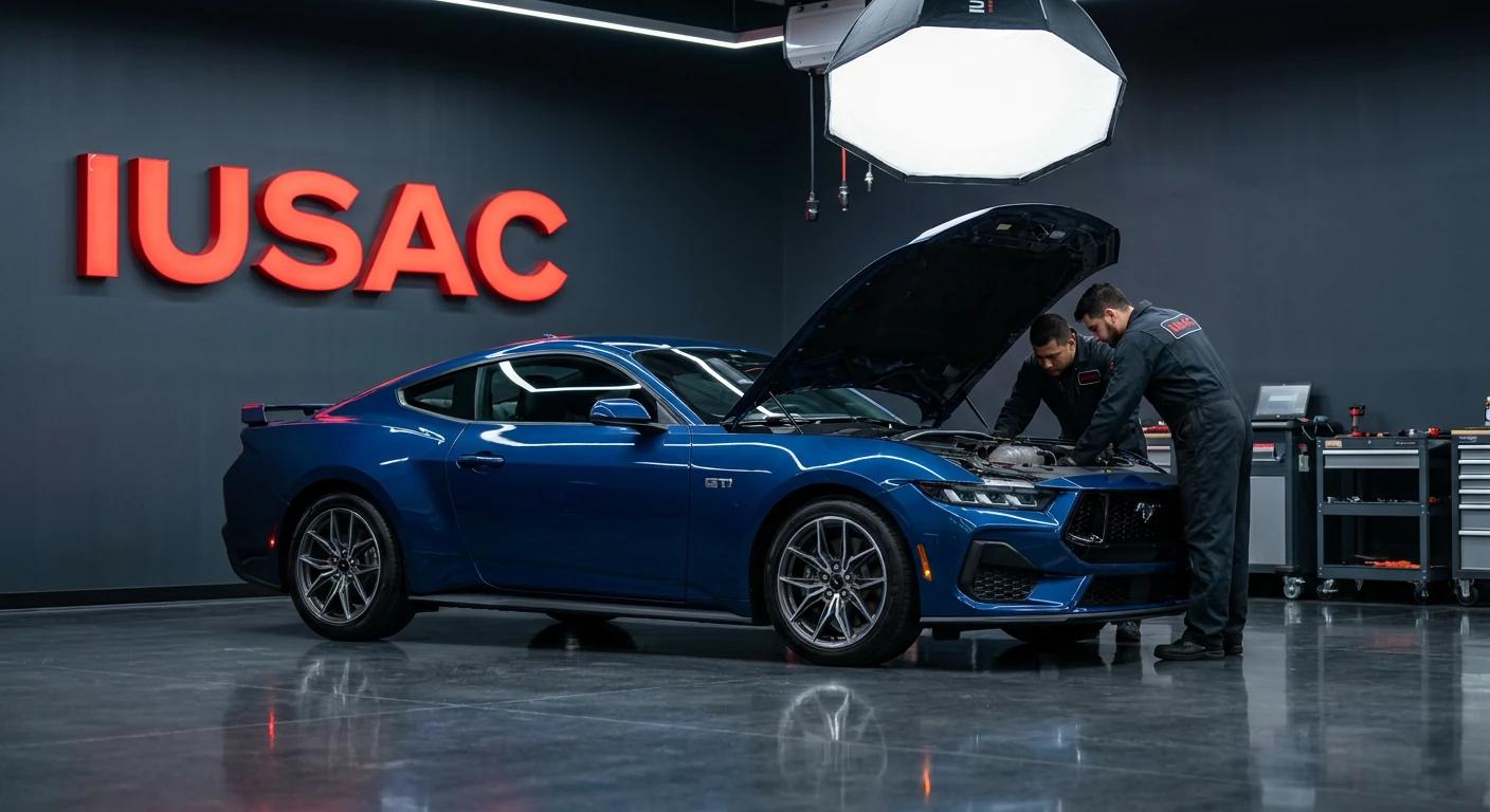 Mechanicy IUSAC weryfikujący stan techniczny Forda Mustanga sprowadzonego z USA