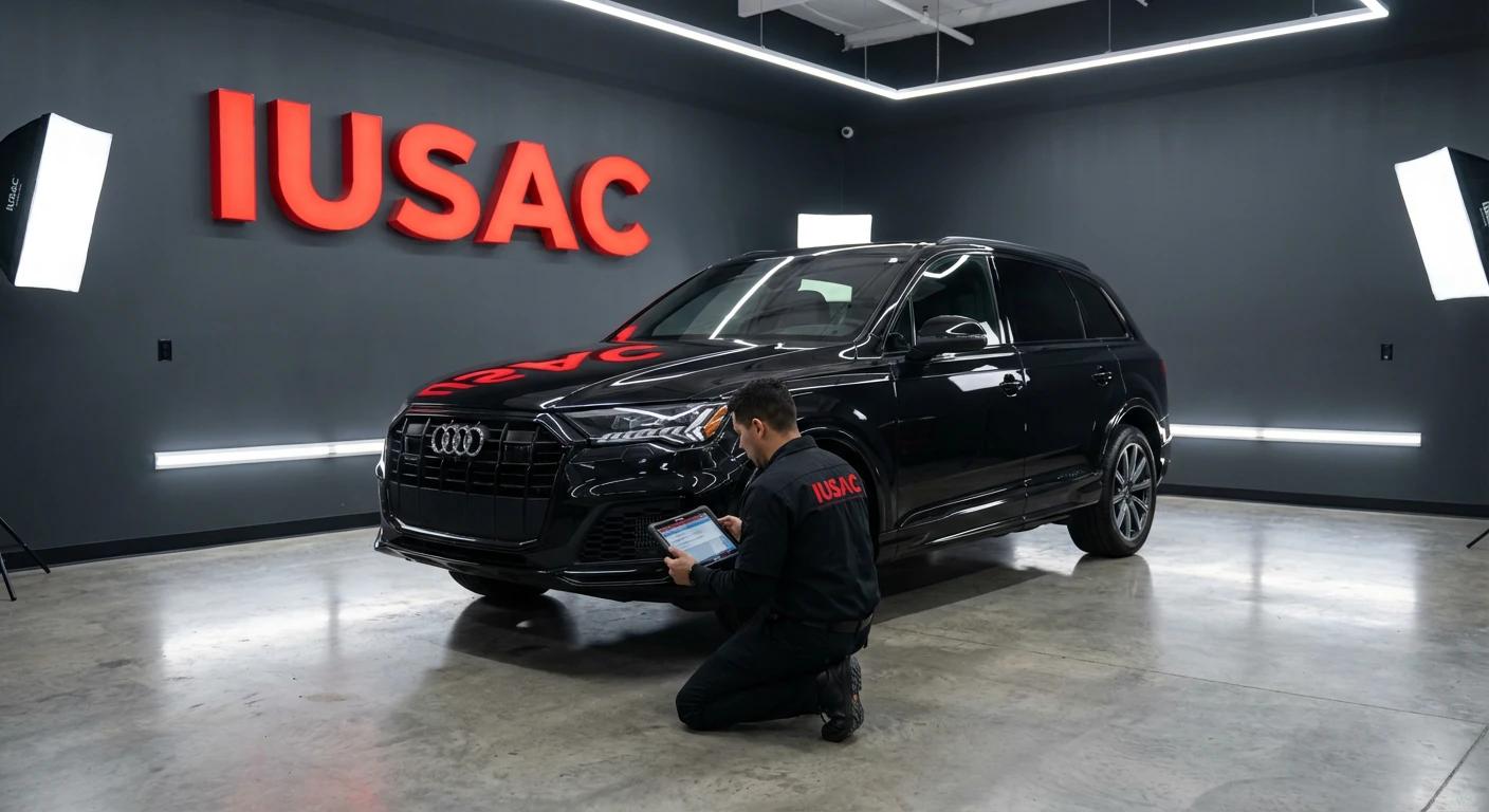 Technik IUSAC weryfikujący Audi Q7 z USA w nowoczesnym serwisie napraw powypadkowych