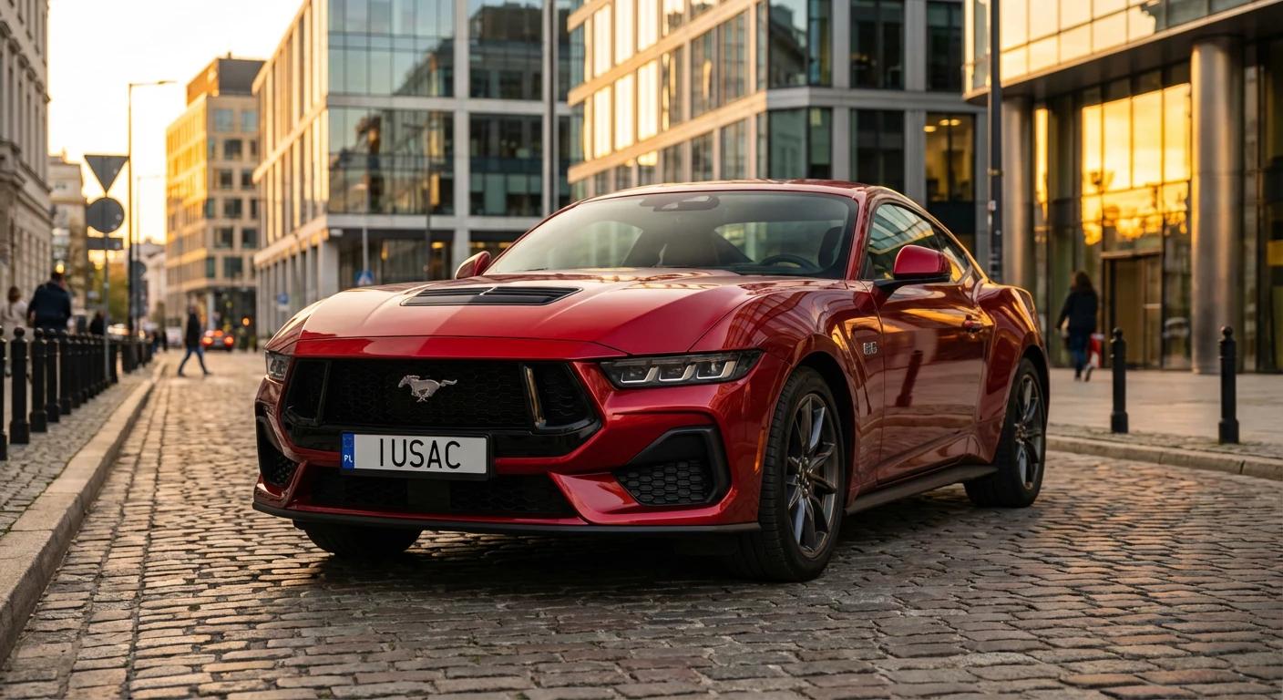 Realizacja IUSAC: Ford Mustang 2024 po imporcie z USA zaparkowany w centrum Warszawy