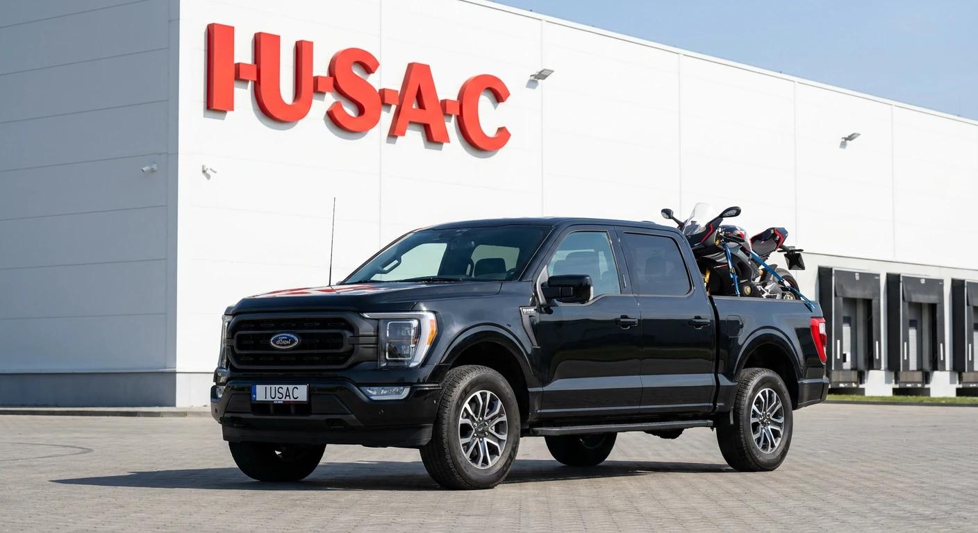 Ford F-150 transportujący sprowadzony z USA motocykl pod siedzibą firmy IUSAC.
