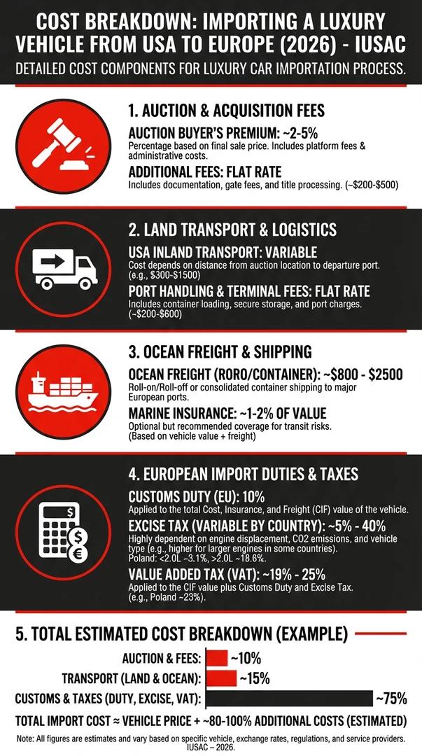 Infografika przedstawiająca szczegółowe koszty importu aut z USA w 2026 roku, w tym cło, akcyzę i transport.