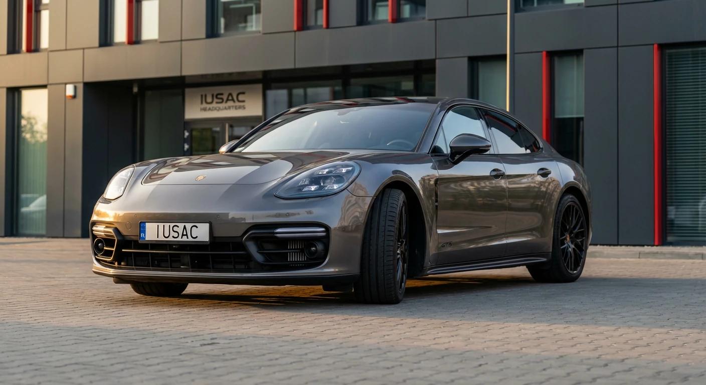 Luksusowe Porsche Panamera GTS sprowadzone z USA, zaparkowane przed główną siedzibą firmy IUSAC w Polsce.