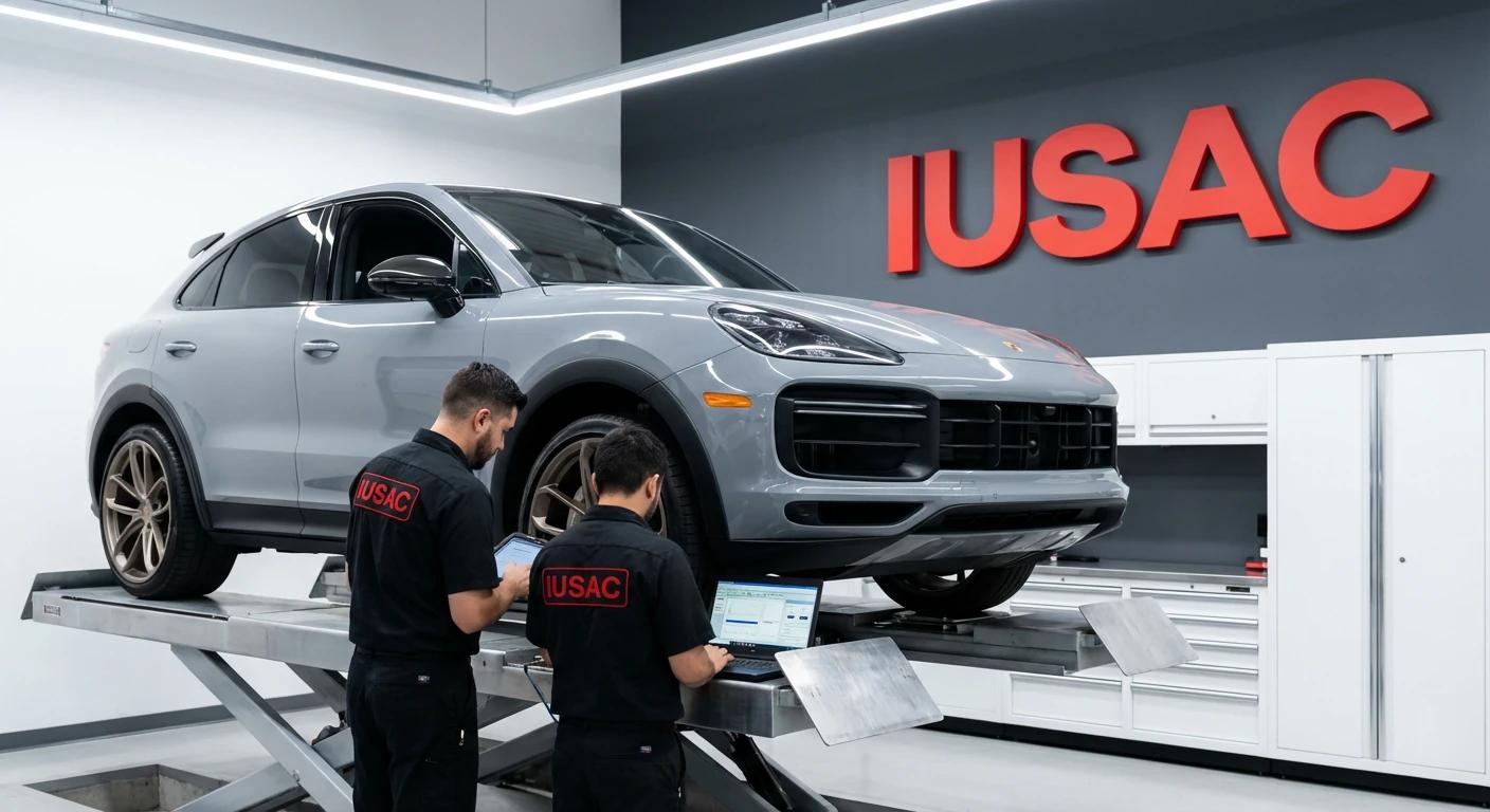 Technicy IUSAC diagnozujący zawieszenie Porsche Cayenne Coupe na podnośniku w autoryzowanym serwisie.