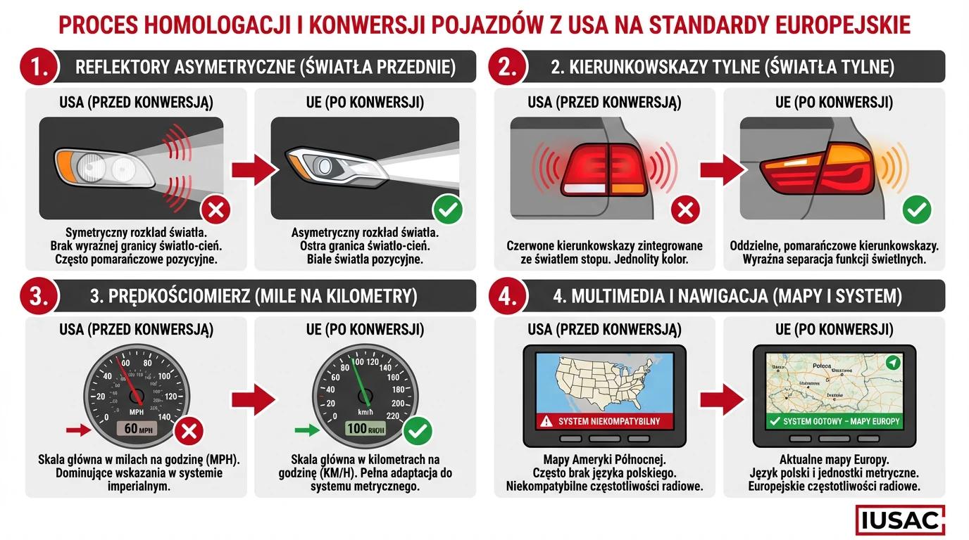 Schemat procesu homologacji aut z USA na rynek europejski, obejmujący modyfikację lamp, radia i liczników.