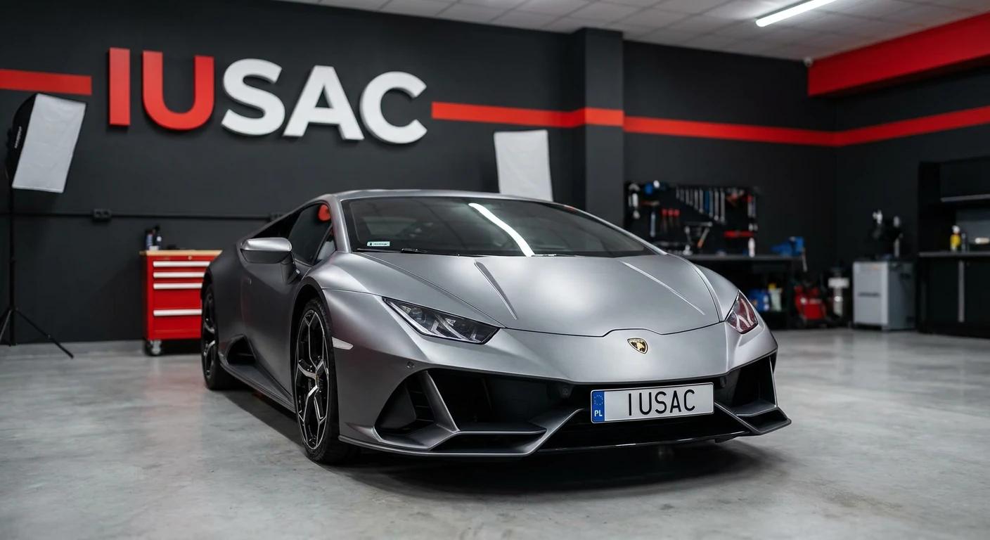 Matowe szare Lamborghini Huracan EVO 2025 w nowoczesnym garażu serwisowym IUSAC z widocznym logo firmy na ścianie