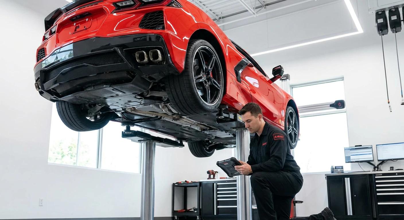 Czerwony Chevrolet Corvette C8 Z06 2024 na podnośniku podczas inspekcji przez technika w serwisie IUSAC