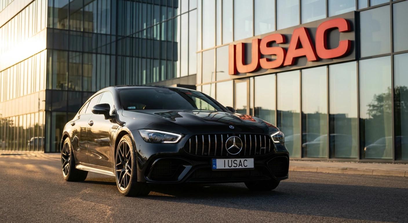 Czarny Mercedes AMG GT 63 2024 zaparkowany przed nowoczesną przeszkloną siedzibą główną firmy IUSAC