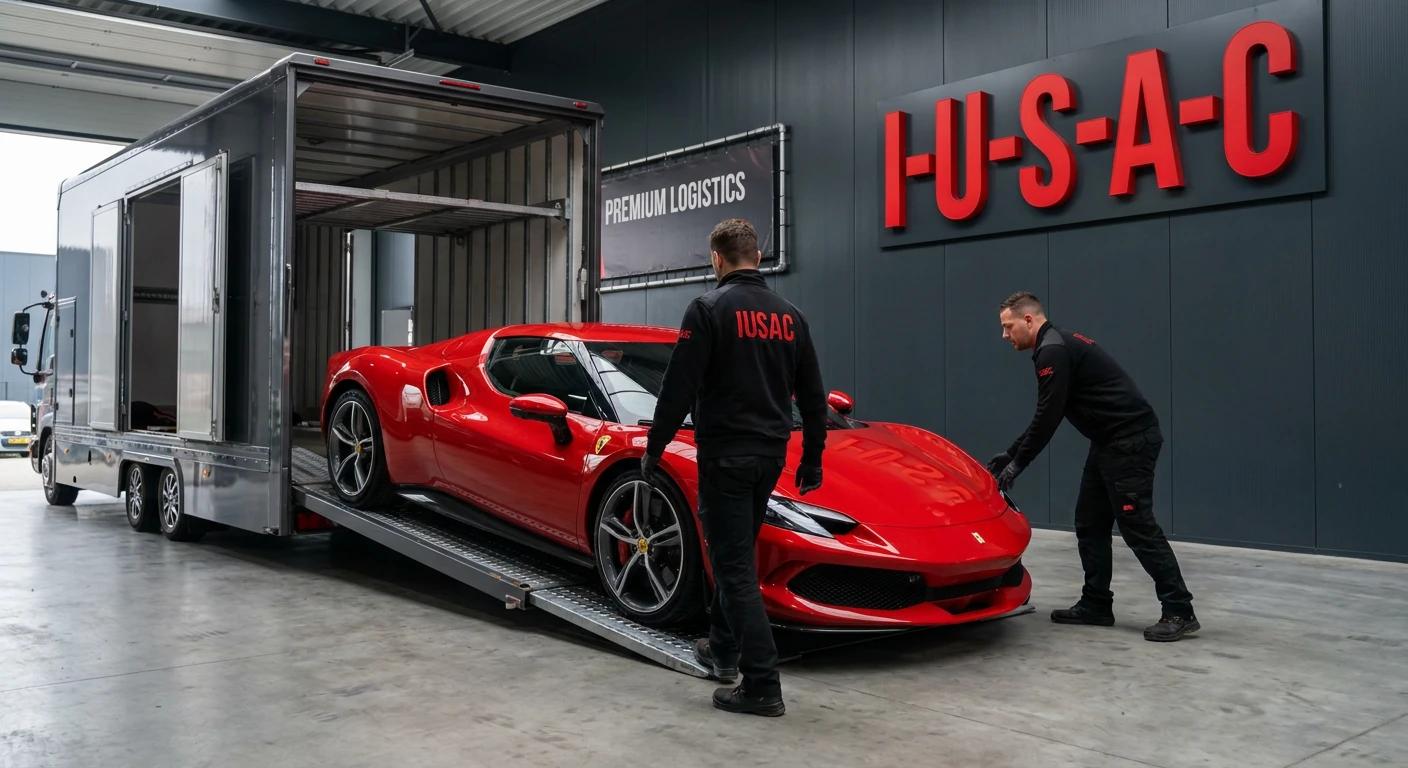 Rozładunek czerwonego Ferrari 296 GTB z zamkniętej lawety przez specjalistów logistyki IUSAC