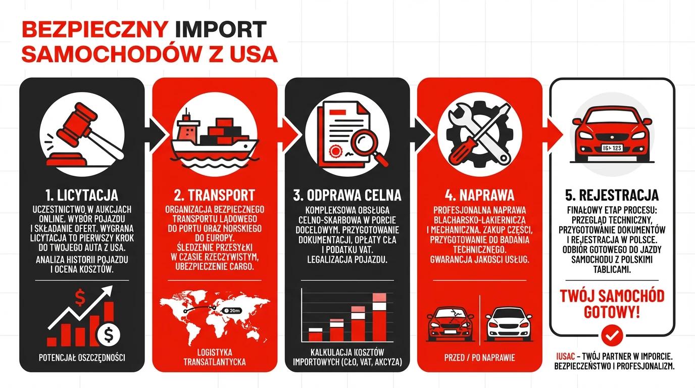 Infografika przedstawiająca 5 kroków procesu importu aut z USA w IUSAC Group - transparentność i pozytywne opinie.