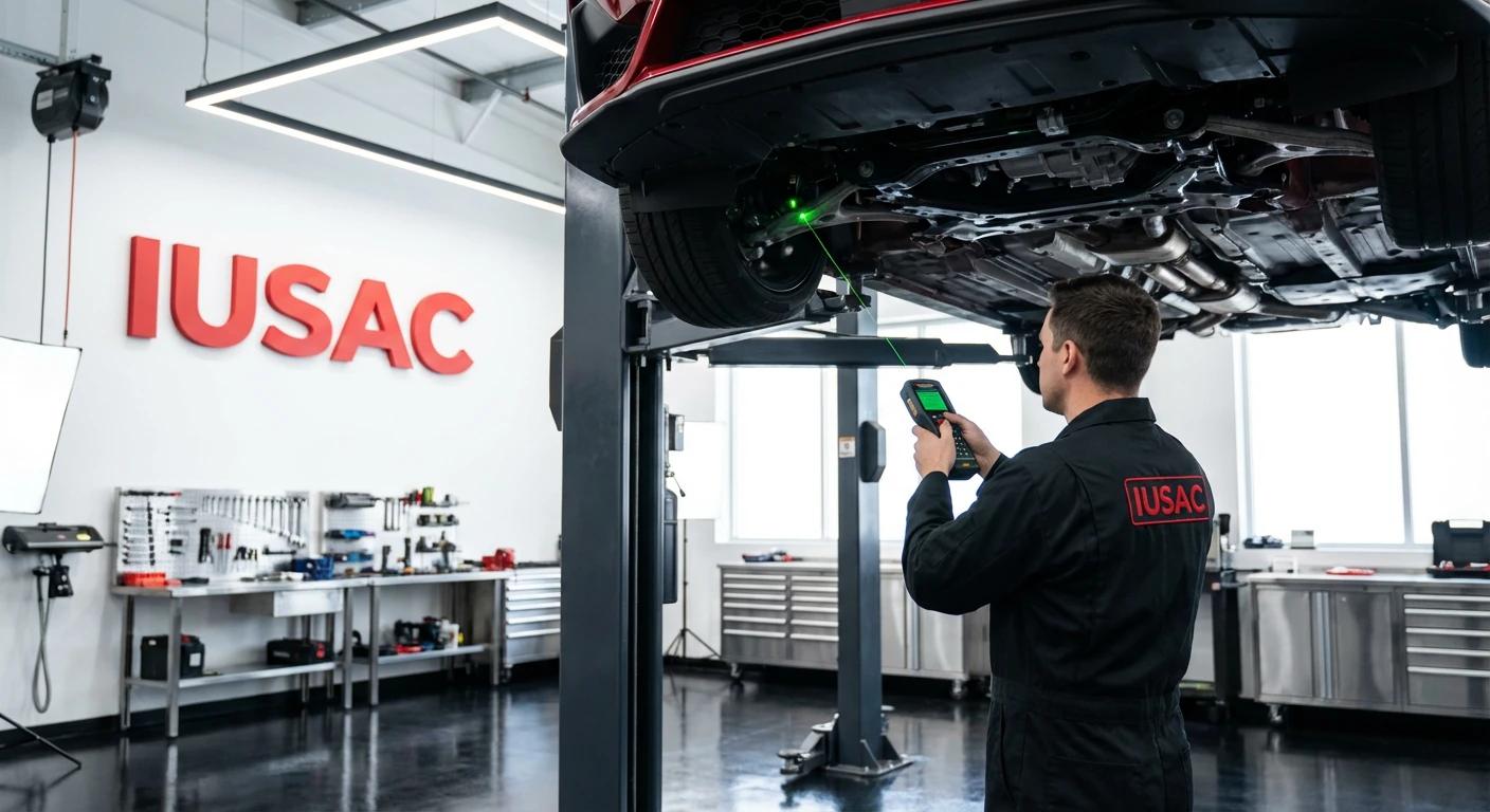 Technik IUSAC naprawiający Forda Mustanga 2024 w nowoczesnym warsztacie - profesjonalna naprawa aut z USA.