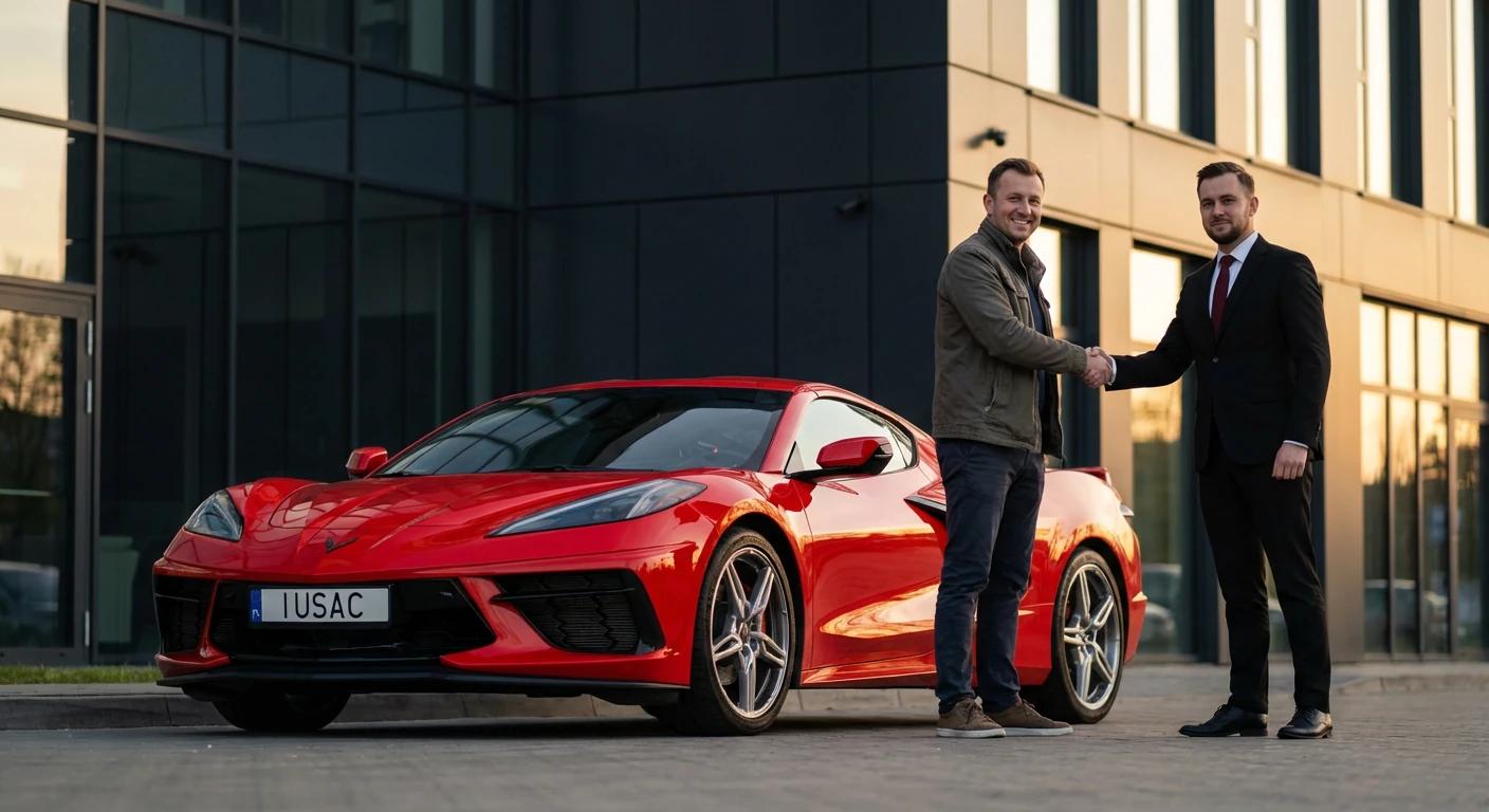 Zadowolony klient odbierający Chevrolet Corvette C8 od przedstawiciela IUSAC - pozytywne opinie o imporcie z USA.