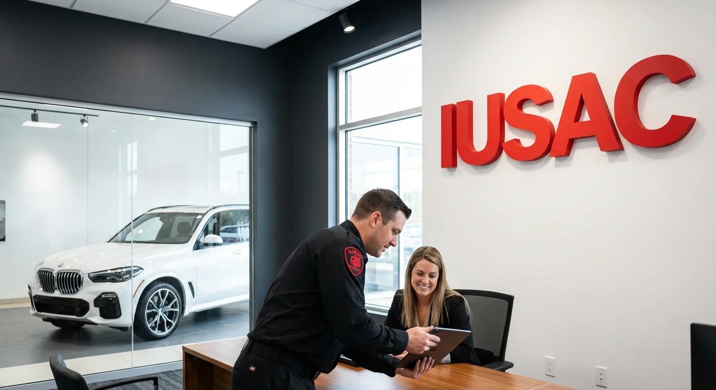 Specjalista IUSAC prezentujący klientowi katalog aut z USA na tablecie na tle biura