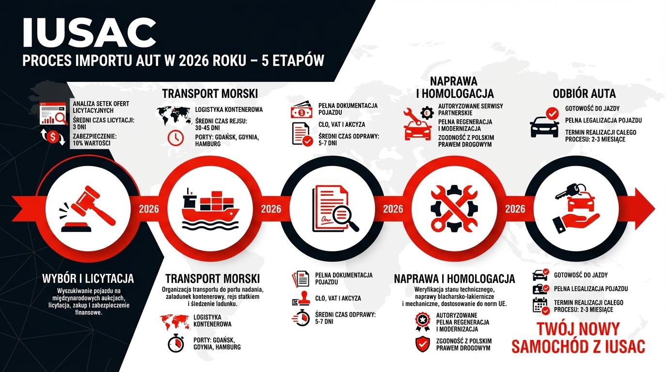 Infografika przedstawiająca 5 kroków importu samochodu z USA przez firmę IUSAC