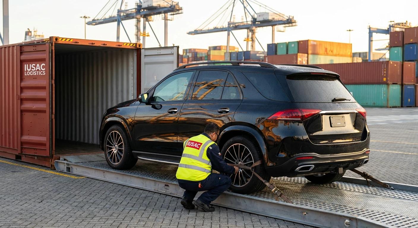 Koordynator IUSAC nadzorujący załadunek Mercedesa GLE do kontenera w porcie
