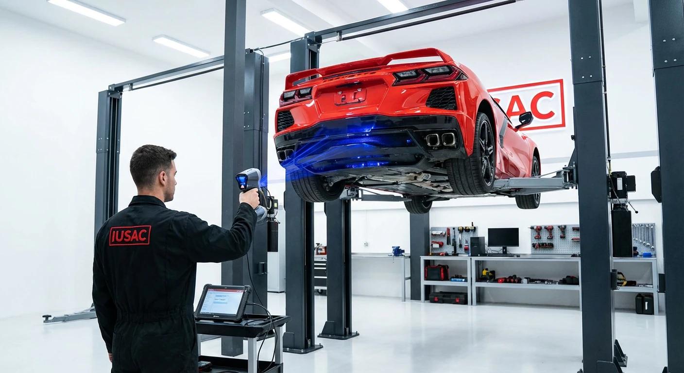 Technik IUSAC skanujący karoserię Chevrolet Corvette C8 laserem 3D w nowoczesnym warsztacie
