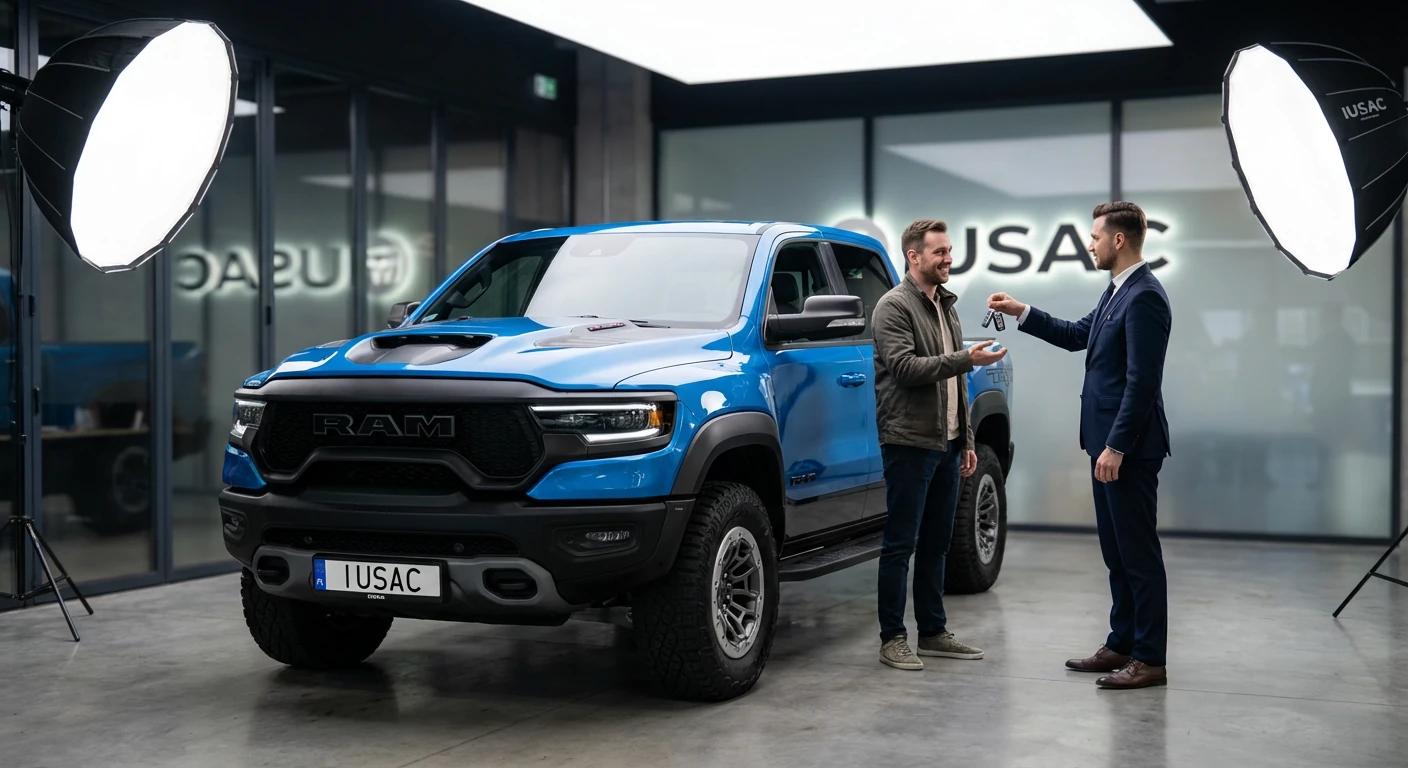 Wydanie gotowego Dodge RAM 1500 TRX klientowi w siedzibie IUSAC po zakończeniu importu i naprawy
