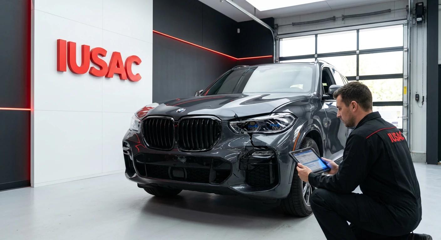 Ekspert IUSAC z tabletem wyceniający uszkodzenia przodu BMW X5 w nowoczesnym warsztacie przed licytacją