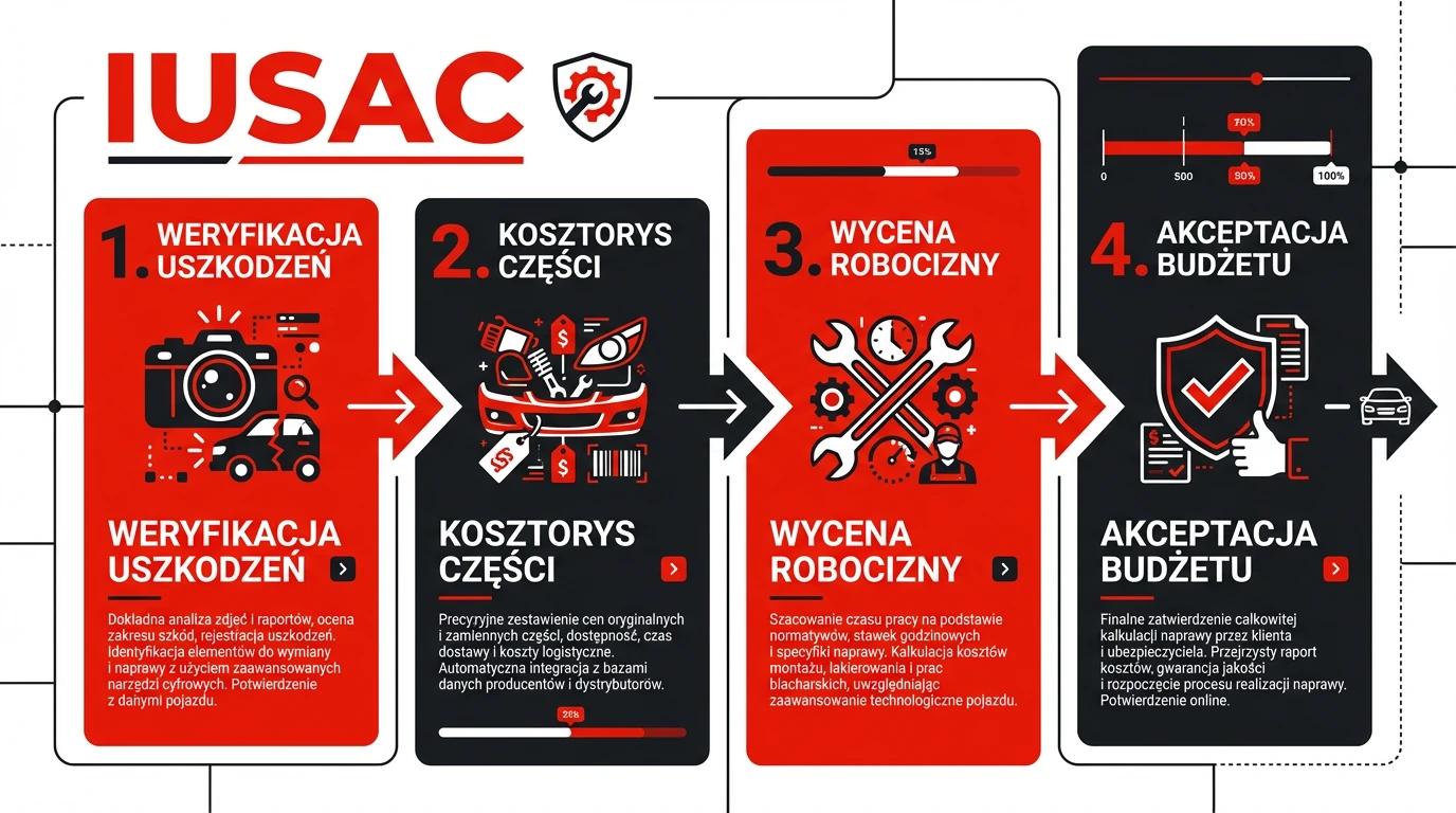 Infografika przedstawiająca 4 kroki precyzyjnej wyceny naprawy aut z USA przez kalkulator IUSAC