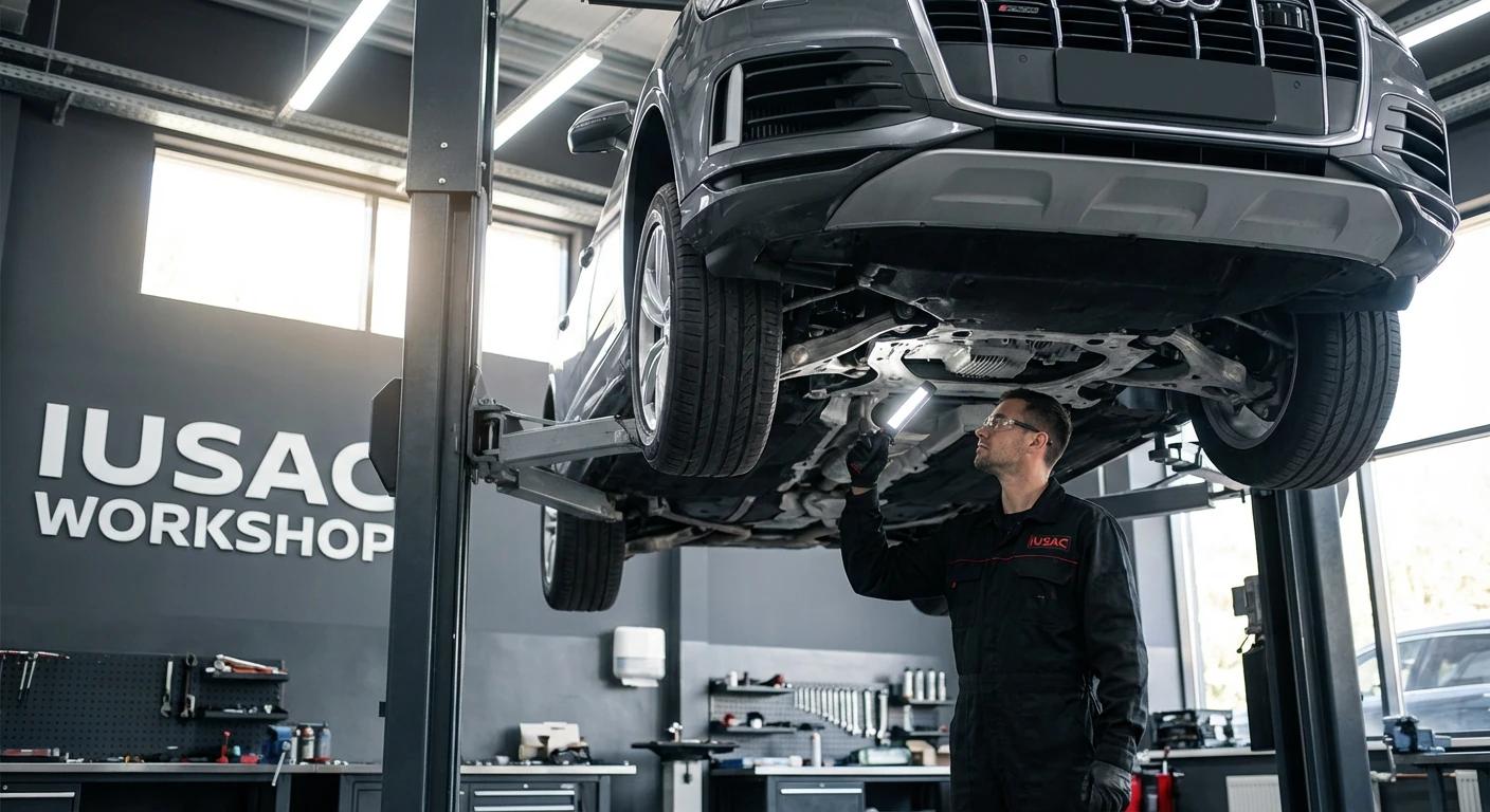 Mechanik w warsztacie IUSAC sprawdzający zawieszenie Audi Q7 na podnośniku podczas kosztorysowania