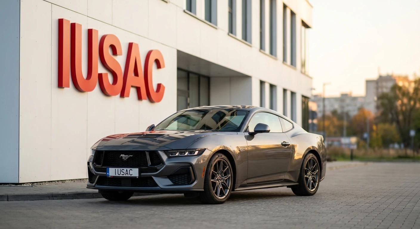 W pełni naprawiony Ford Mustang 2025 przed biurem IUSAC gotowy do odbioru przez klienta