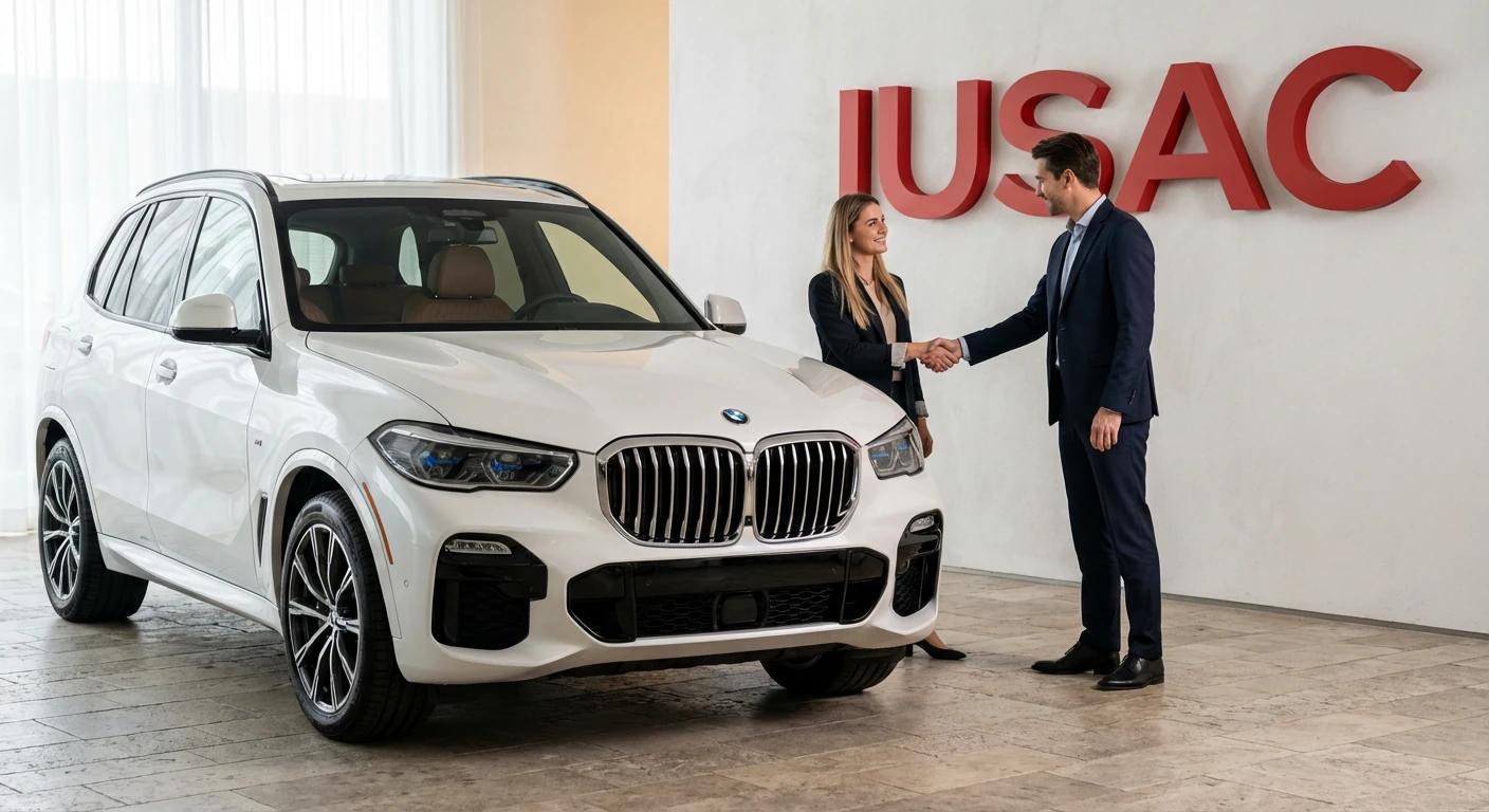 Konsultant IUSAC podający dłoń klientowi przy białym BMW X5, gwarantując bezpieczeństwo importu USA cars.