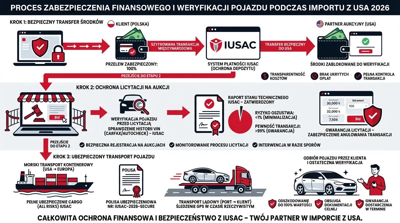 Infografika przedstawiająca proces weryfikacji i bezpieczeństwa finansowego podczas importu aut z USA przez IUSAC.