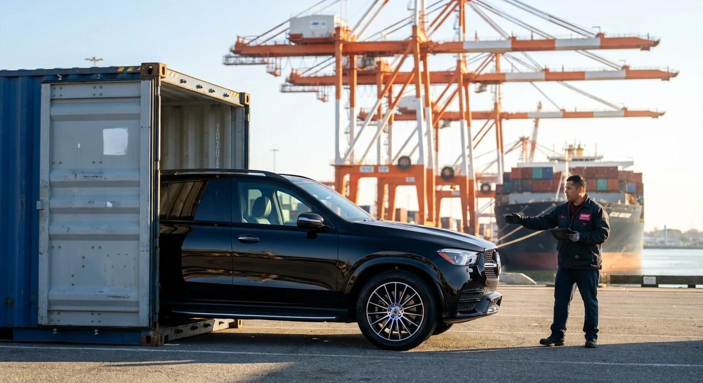 Specjalista IUSAC nadzorujący bezpieczny załadunek czarnego Mercedesa GLE do kontenera w porcie w USA.