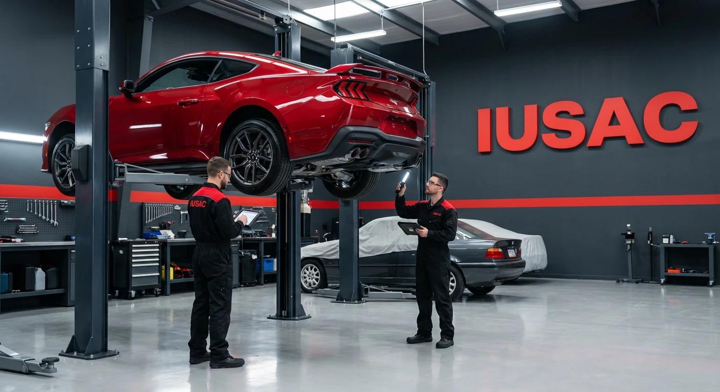 Technicy IUSAC sprawdzający podwozie czerwonego Forda Mustanga 2024 w nowoczesnym warsztacie w Polsce.