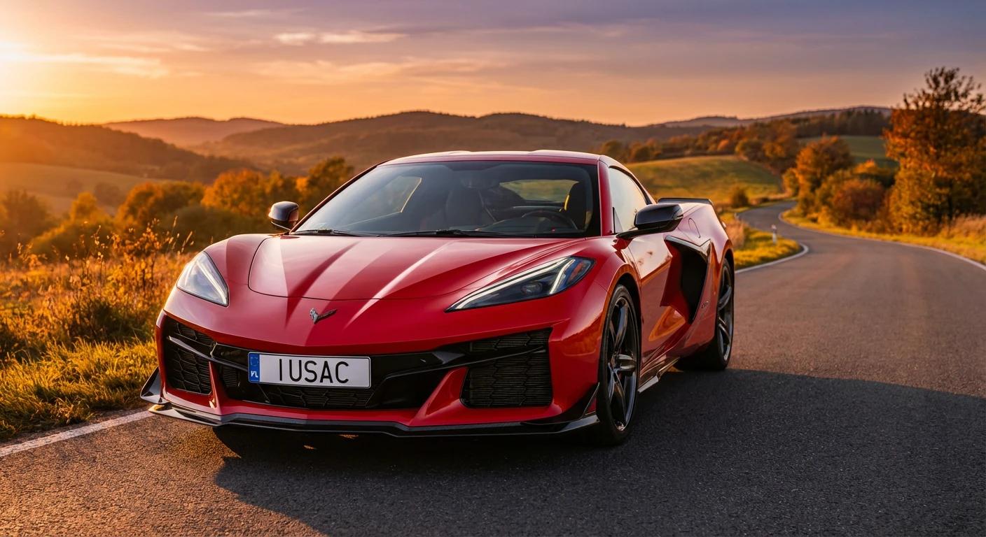 Czerwony Chevrolet Corvette C8 z tablicą rejestracyjną IUSAC na polskiej drodze o zachodzie słońca.