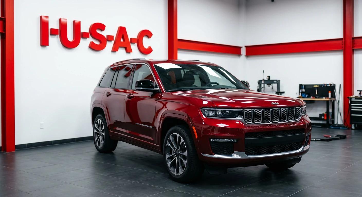 Czerwony Jeep Grand Cherokee L w nowoczesnym warsztacie IUSAC, gotowy do naprawy powypadkowej po imporcie z USA