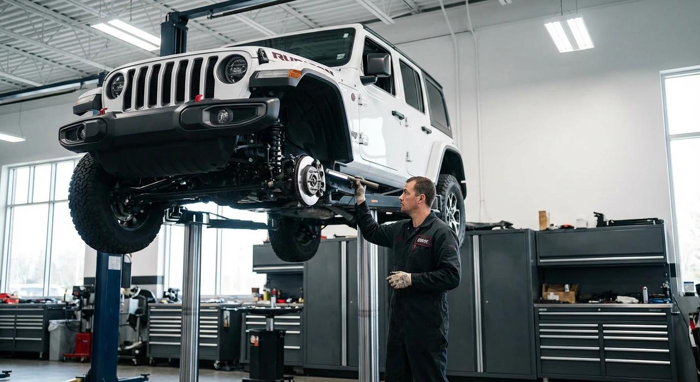 Mechanik IUSAC weryfikujący stan zawieszenia Jeepa sprowadzonego z USA podczas inspekcji w warsztacie