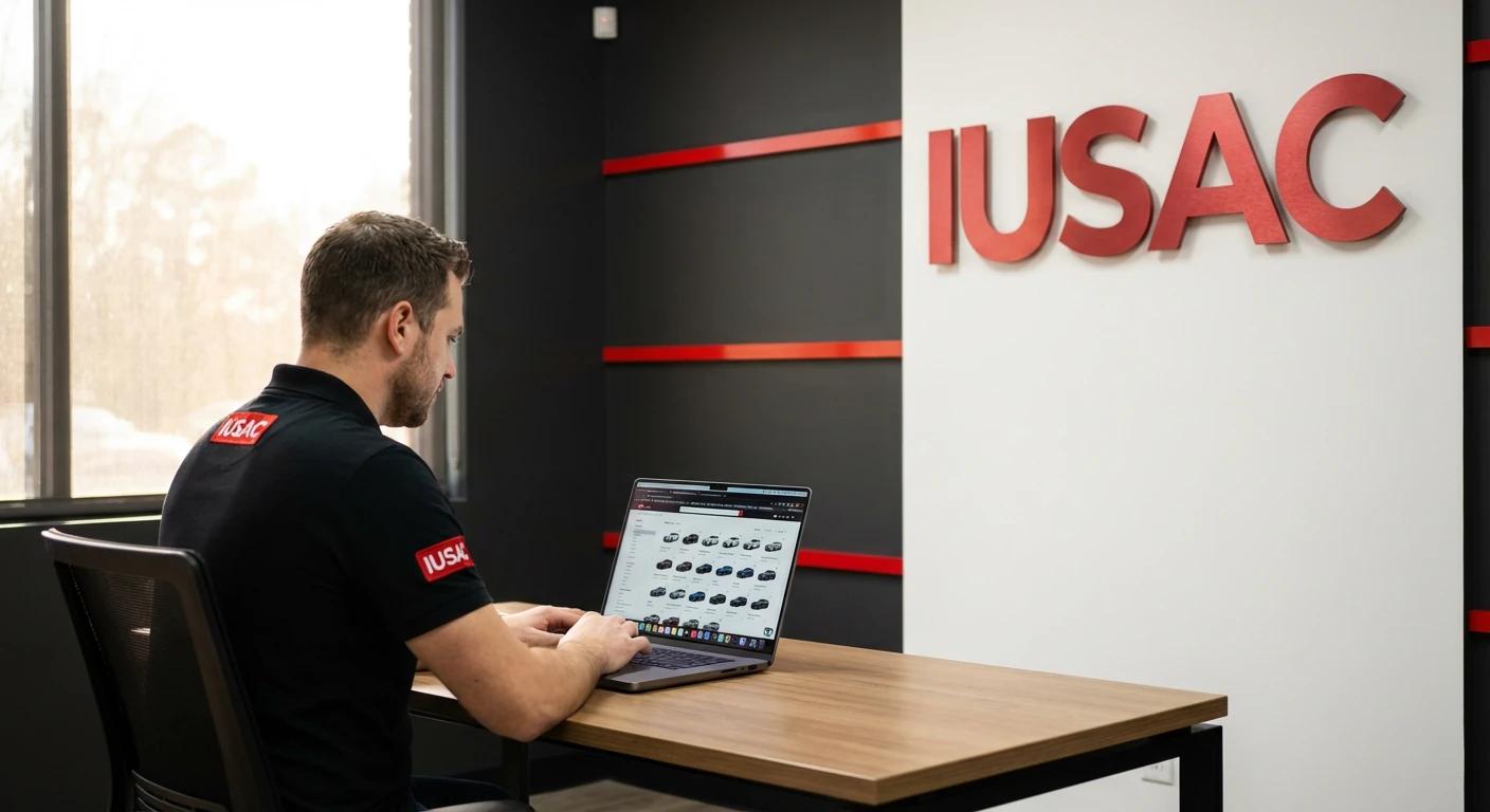 Doradca IUSAC Group przeglądający katalog aut z USA na laptopie w nowoczesnym biurze